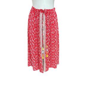 Dalin Women’s Skirt L Rayon Elastic Waist Dress Red Floral Tassel Tie Front